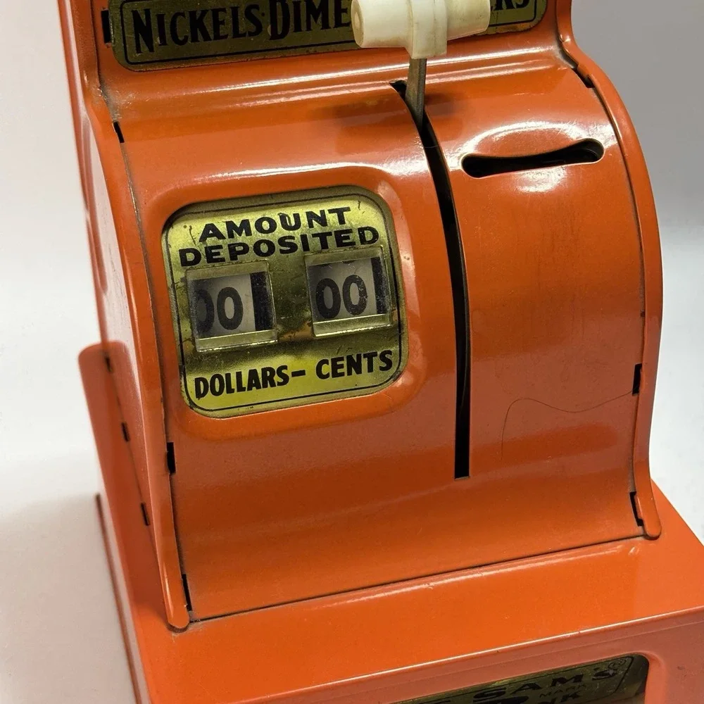 Vintage Orange Uncle Sam's 3 Coin Register Bank Metal Nickel Dime Quarters Japan